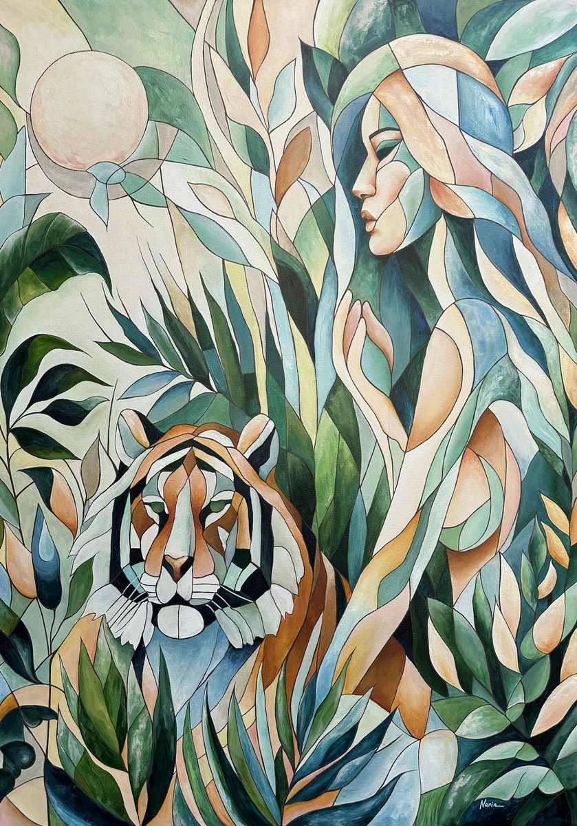 Abstract Animal Oil Painting By Narine Vardanyan, 28 X 39", Strength In Serenity, Original Artwork