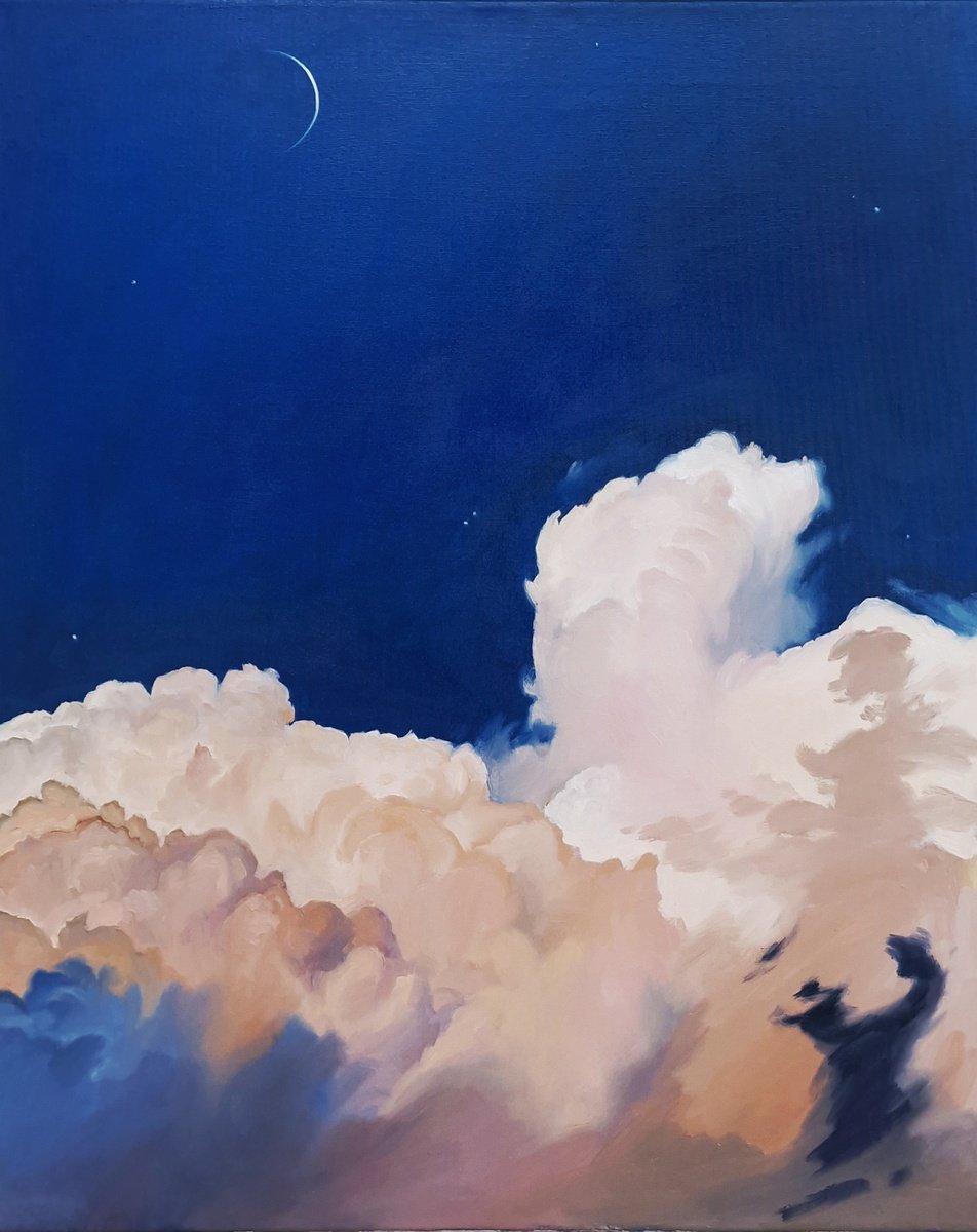 Impressionistic Landscape Oil Painting By Dita Galas, 20 X 24, Moon Above The Clouds, Original Artwork