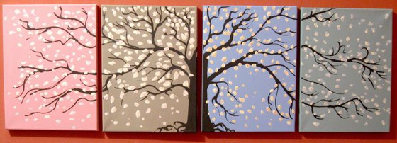 triptych abstract original wall canvas art landscape tree painting canvas triptych wall art "Seasons" pop abstraction contemporary art tree of life blossom " 36 x 12 inches quadriptych