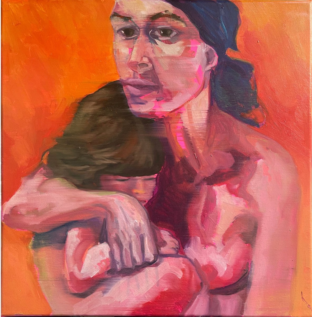 Expressive Portrait Oil Painting By Ulli Schmitt, 20 X 20", Motherhood, Original Artwork