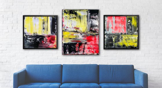 "The Reckoning" - Save As A Series - Original PMS Large Abstract Triptych Acrylic Paintings On Plexiglass and Gallery Wrap Canvas, Framed - 80" x 35"