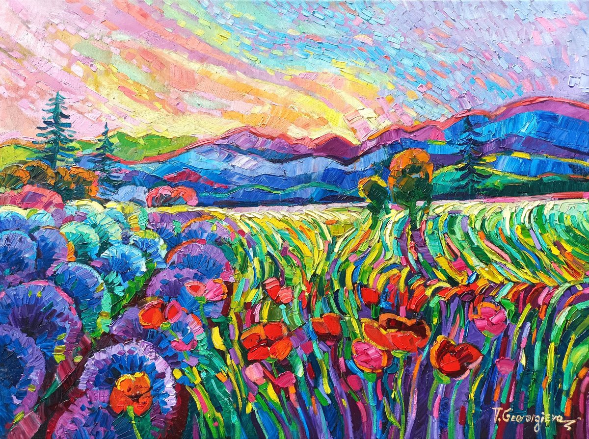 Impressionistic Landscape Oil Painting By Vanya Georgieva, 31 X 24", Wild Flowers 3, Original Artwork
