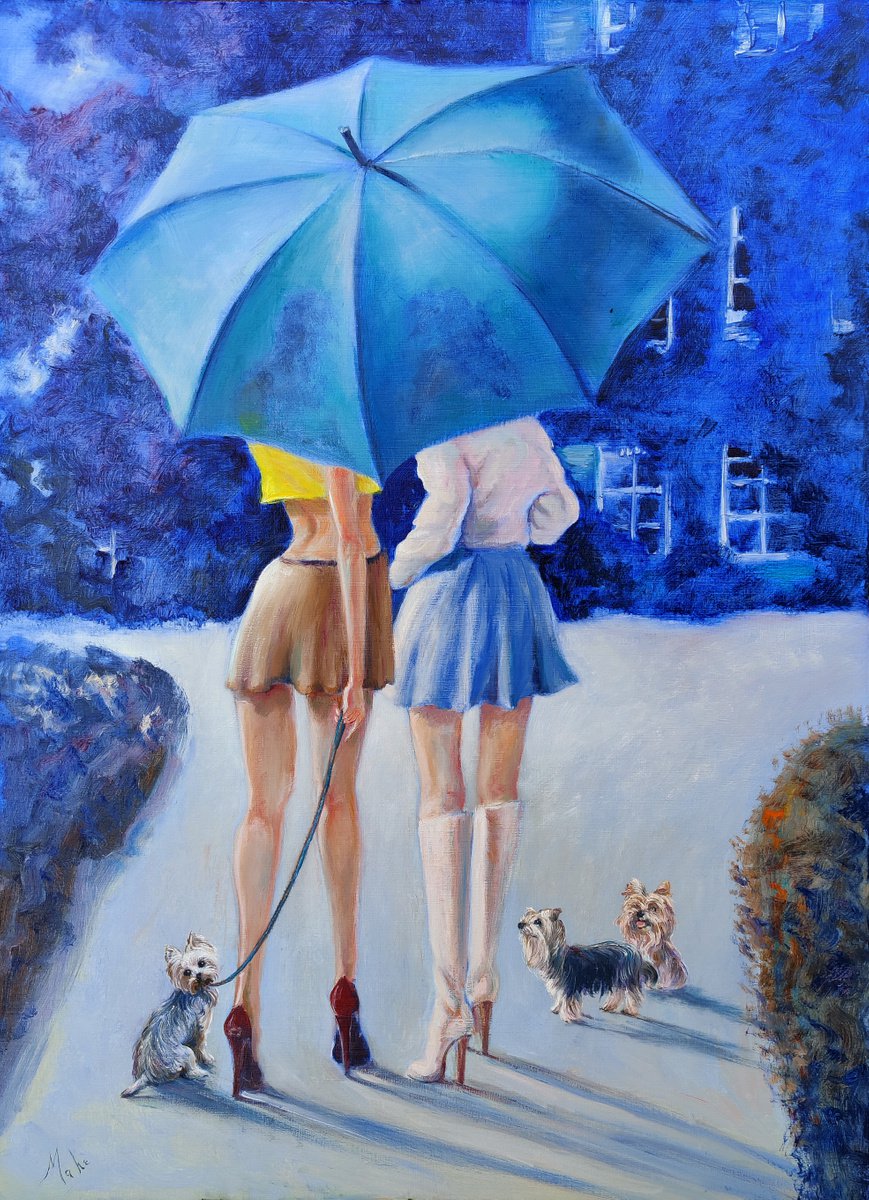 Impressionistic Animal Oil Painting By Isabel Mahe, 26 X 36, Yorkies, Original Artwork