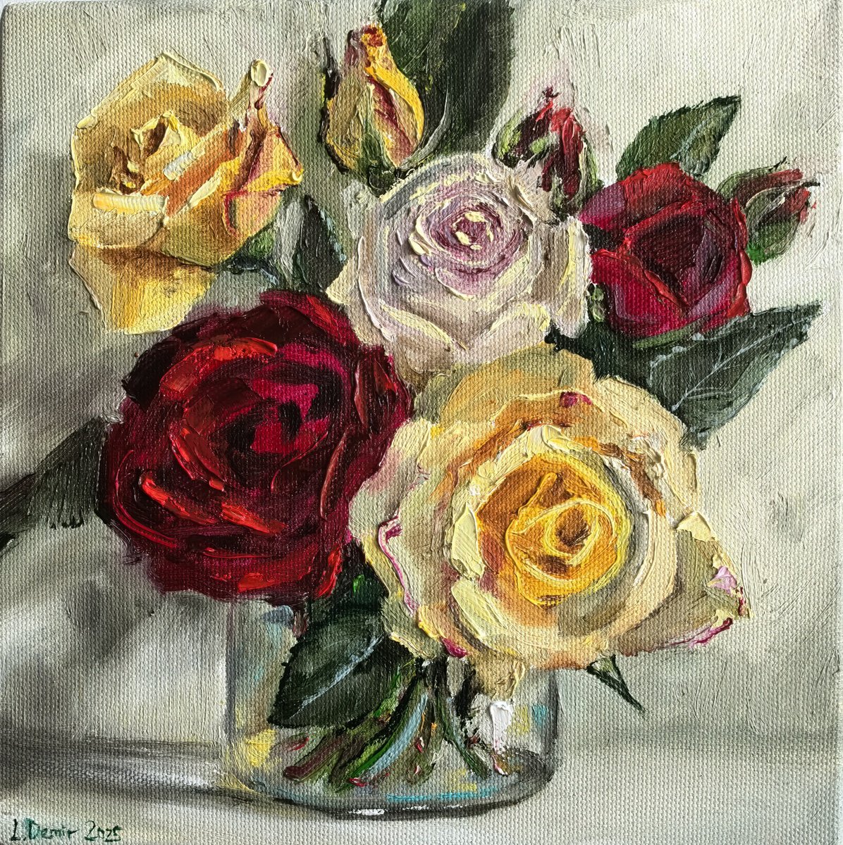 Impressionistic Botanical Oil Painting By Leyla Demir, 10 X 10", Red Roses, Original Artwork