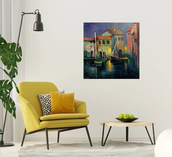 " Venice " Boats - 80 x 80cm Original Oil Painting