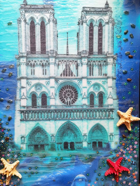 Paris. France. Notre Dame, Cathedral of Paris. Global warming. Flood in the city. Dolphins underwater, sea bottom seascape marine. Fantasy art.