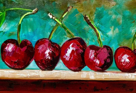 Cherries. Still life. Palette knife painting on linen canvas