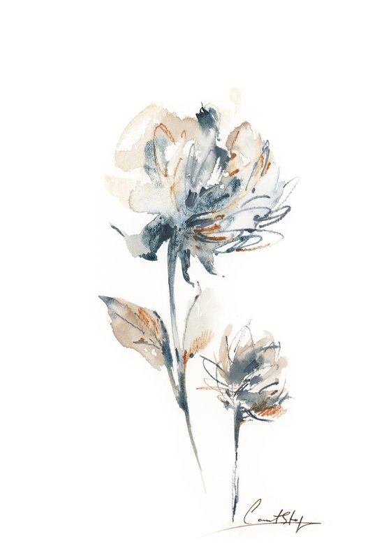 Peonies in muted blue and peach flowers watercolor painting 2 set