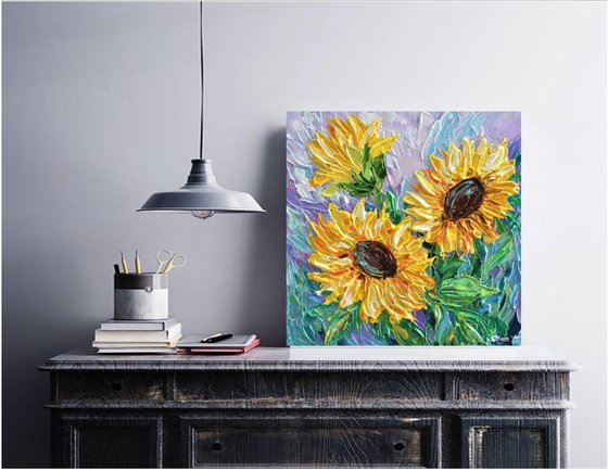 Sunflowers and Lavender - Original Impasto Floral Painting