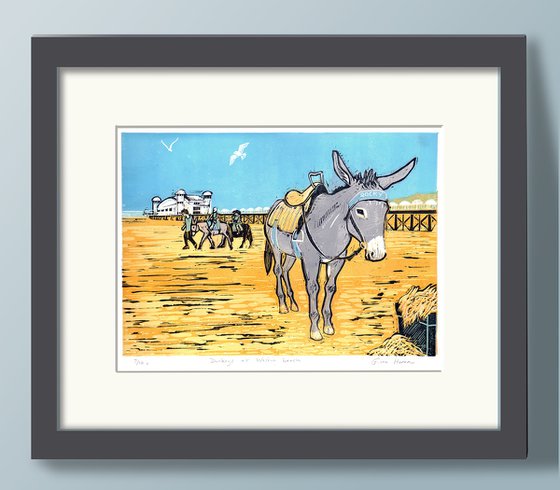 Donkeys at Weston Beach. Limited Edition large linocut
