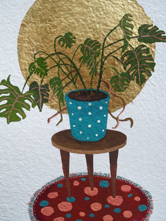 Plants lover's interior - original painting with gold potal on handmade paper