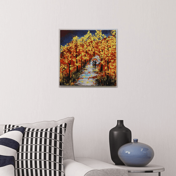 Walk in the Rain -Autumn trees -Acrylic painting on stretched canvas -Impressionistic Landscape painting