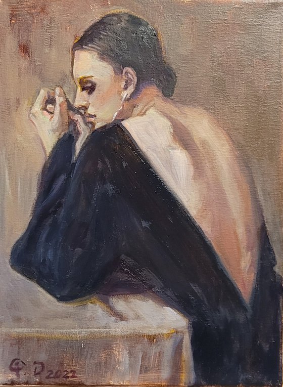 Woman in Black, Contemporary Oil painting Figurative