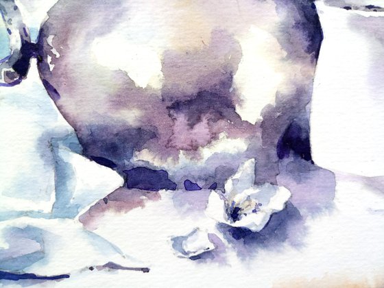 Modern still life "Tea drinking with flowers" original watercolor sketch