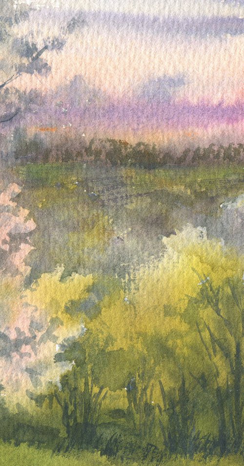 Spring again. Afterglow / Evening landscape. Original watercolor picture. Panoramic views. Small size wall art by Olha Malko