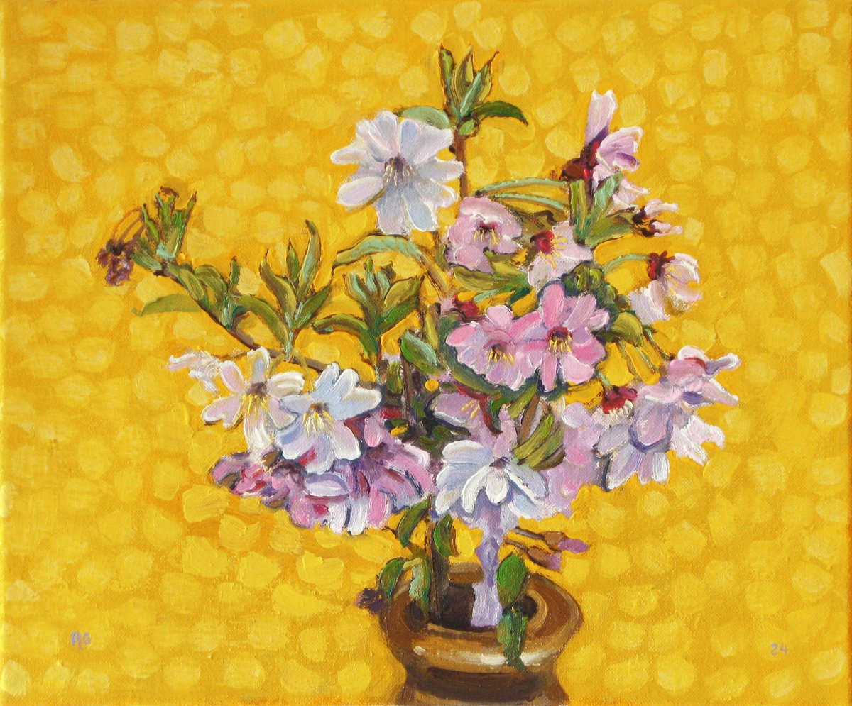 Botanical Oil Painting By Richard Gibson, 12 X 10", Flowering Cherry Sprays, Original Artwork