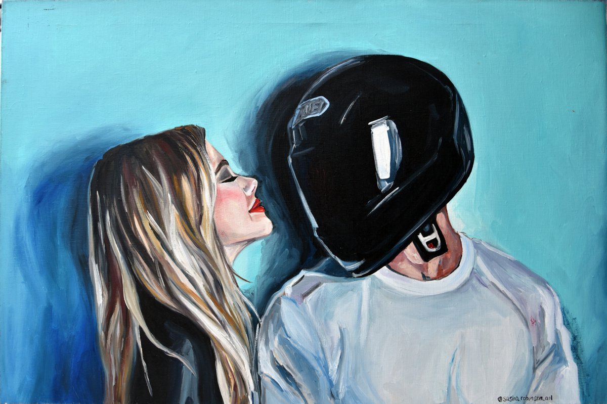 THE HELMET - blue black helmet red lips real LOVE valentines original oil painting on canv... by Sasha Robinson