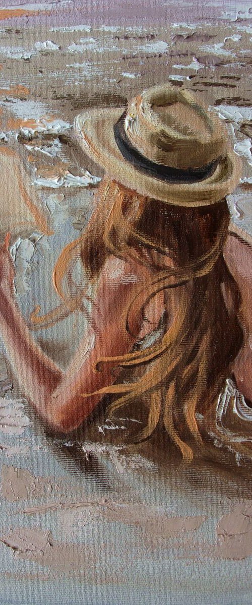 " BOOK LOVER ... XII " original painting sea summer palette knife GIFT brown by Monika Luniak