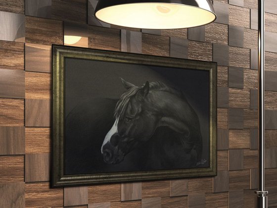 Pastel portrait of black horse
