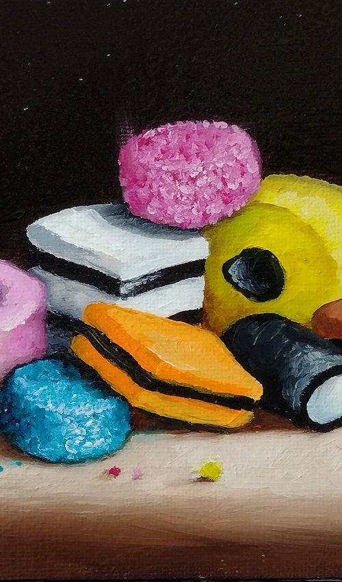 Liquorice Allsorts candy sweets still life by Jane Palmer Art