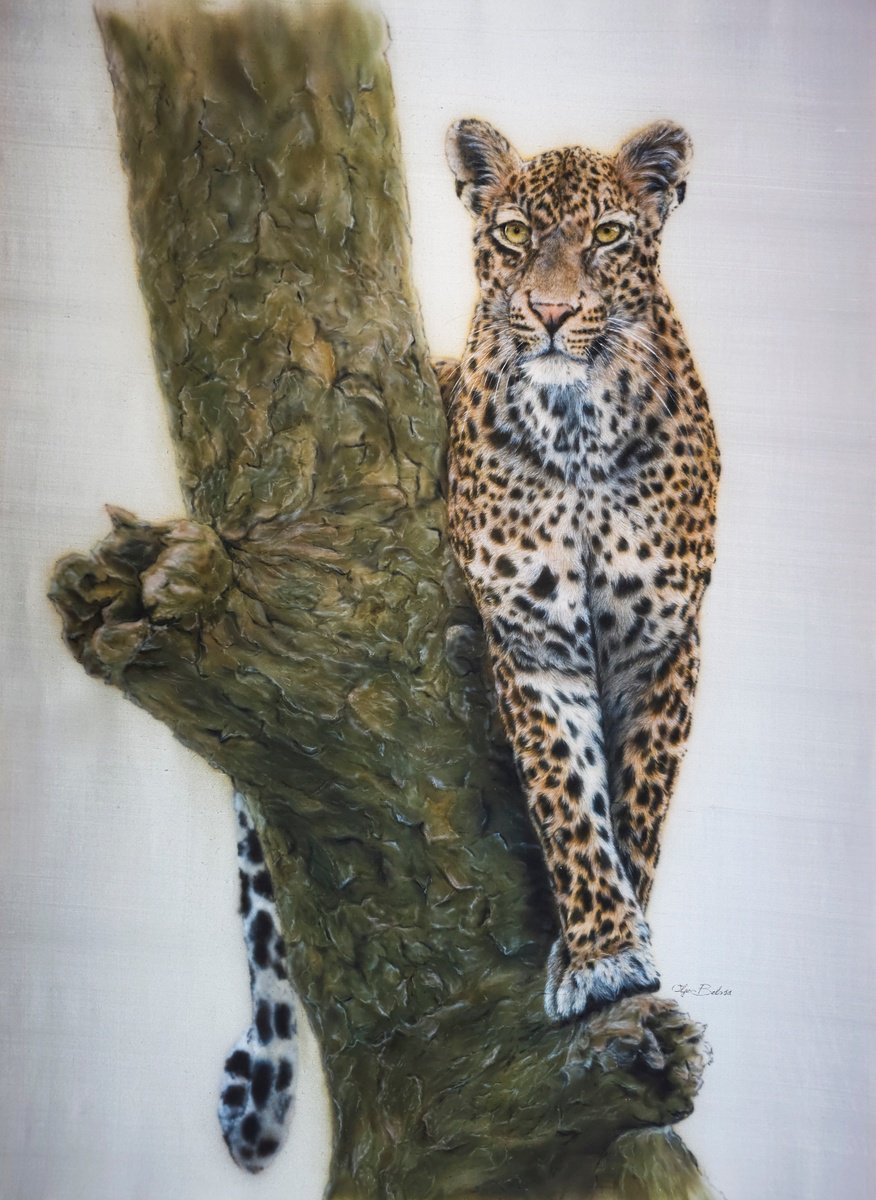 -Boldness-? hyperrealistic leopard painted on pure silk by Olga Belova