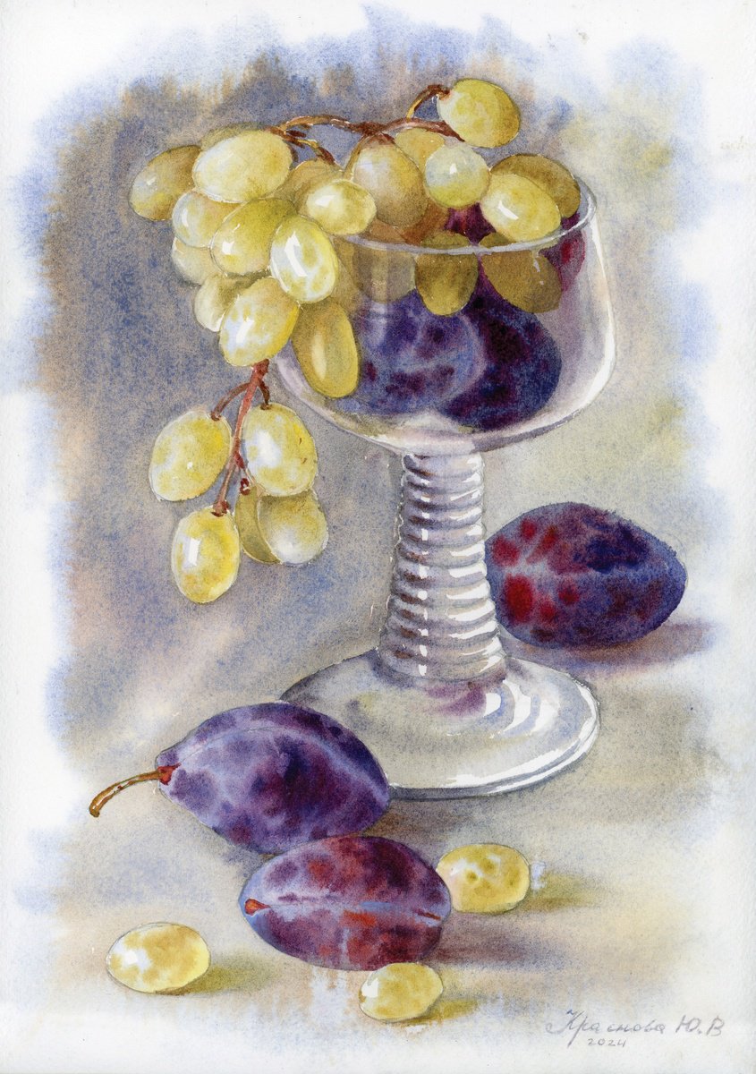 Still Life Watercolour By Yulia Krasnov, 8 X 12", Plums And Grapes, Original Artwork