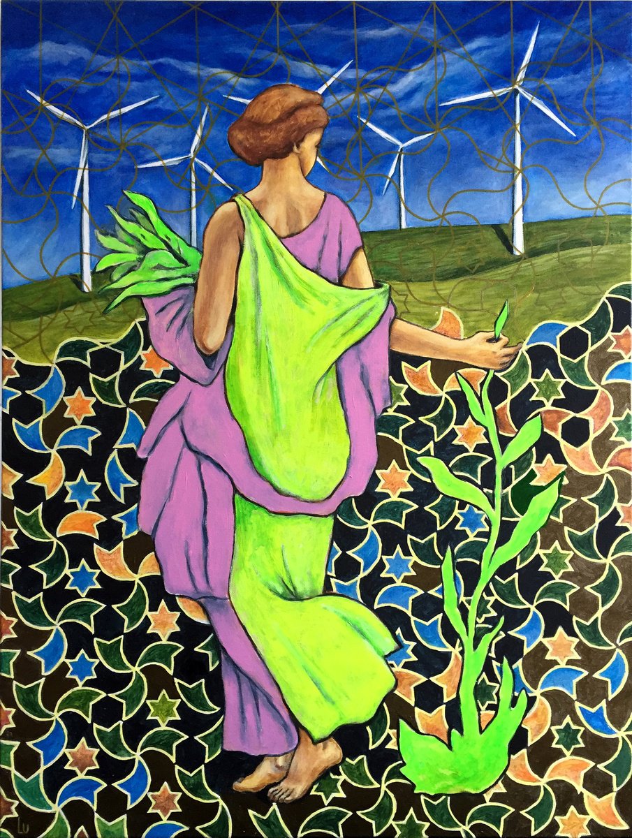 Geometric Portrait Acrylic Painting By Lu Sakhno, 24 X 31", Garden Of Mysteries, 3 Part, Original Artwork