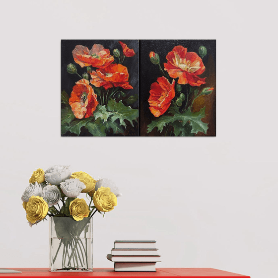 Poppies: Flame (diptych, 2 panels)