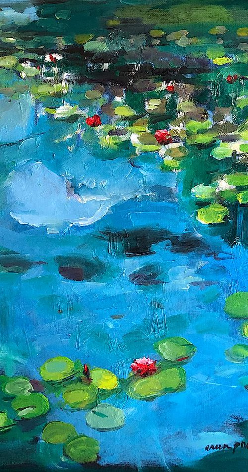 Pink Water Lilies and Clouds by Arun Prem