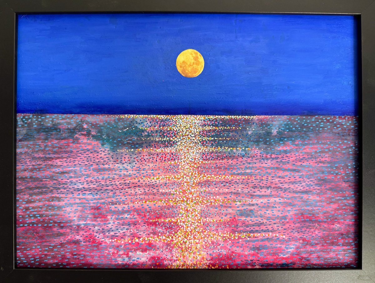 Surrealistic Landscape Painting By Stefano Pallara, 17 X 13", Promessa Alla Luna N.10, Original Artwork