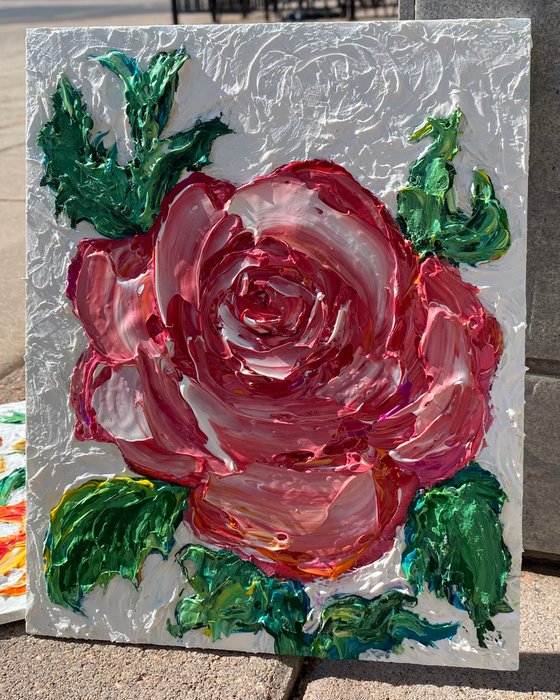 The Rose Flower palette knife painting is 10" x 8" on Gator board.