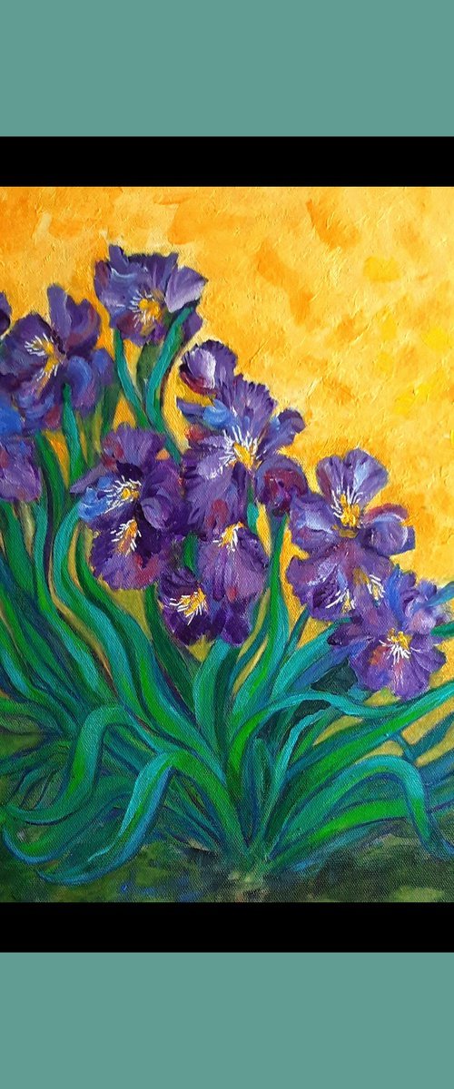 Purple Irises Expressionist acrylic painting on canvas 12"x 16" by Asha Shenoy