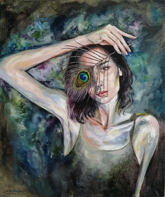 Do you really need a mask? | 50*60 cm | self portrait with peacock feather