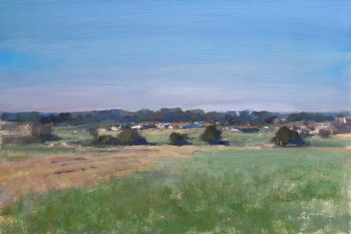 Impressionistic Landscape Oil Painting By Pascal Giroud, 12 X 8", Plaine Du Forez En Automne, Original Artwork