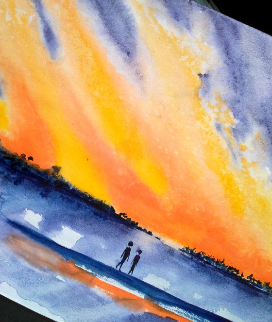Abstract watercolor landscape bright watercolor riverscape wet on wet original watercolor painting"Walking under the flaming sky"