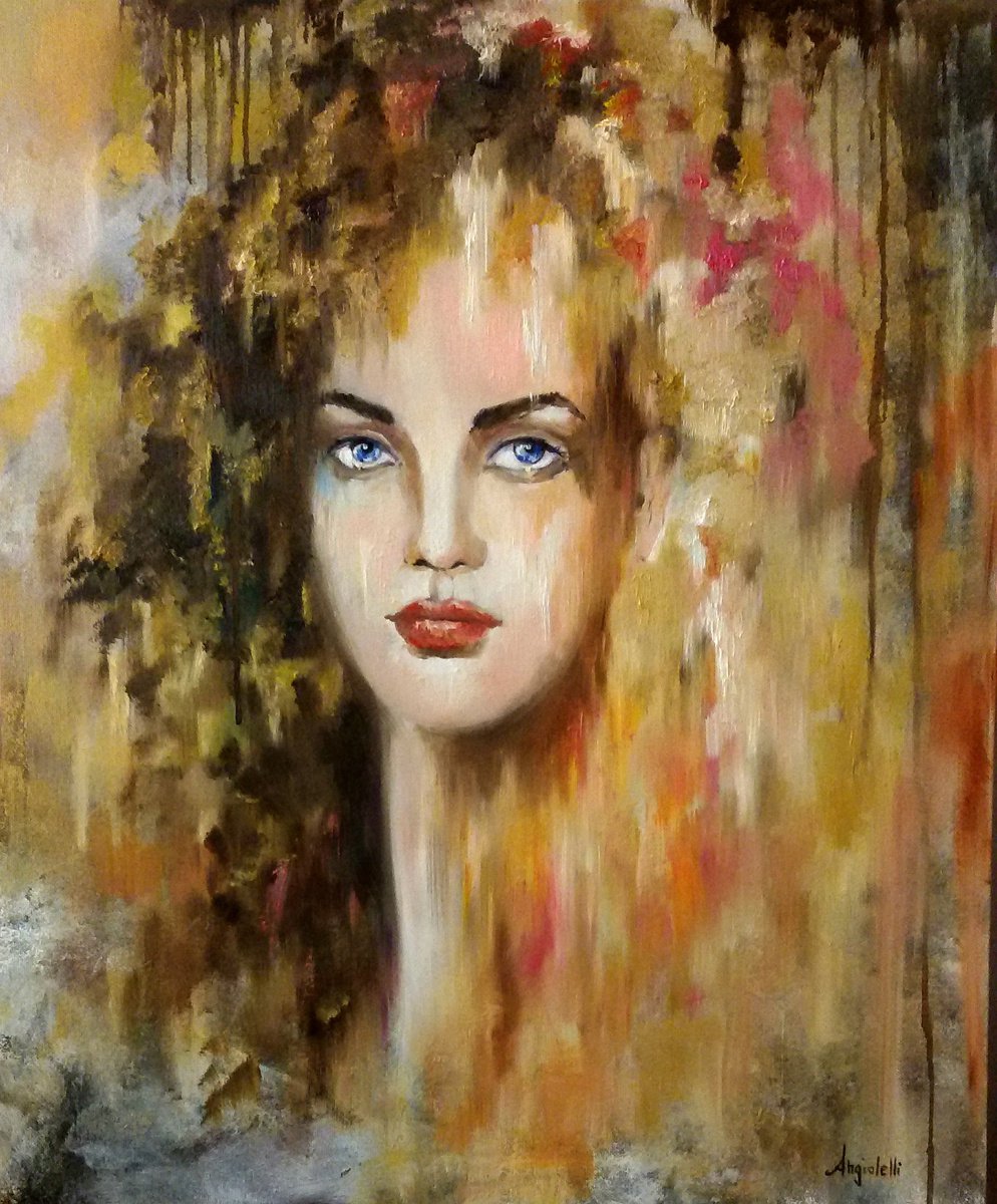 Impressionistic Portrait Painting By Anna Rita Angiolelli, 20 X 24, Golden Portrait, Original Artwork
