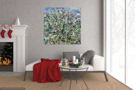 CHINESE APPLE TREE ON A SUNNY DAY - Landscape, floral art, plants and trees, green, ecology, flowering blooming bloomy bush, tree, plant,  large original oil painting