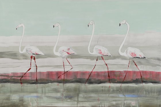 Striding flamingos in the Camargue