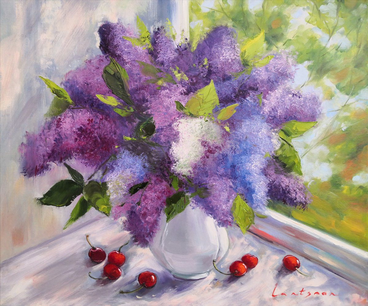 Lilac bouquet in a vase still life by Jane Lantsman