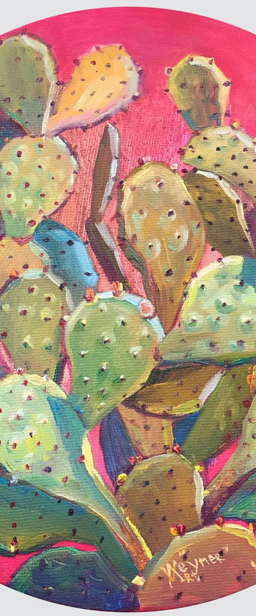 Opuntia cactus. Round bright painting. by Natalia Veyner