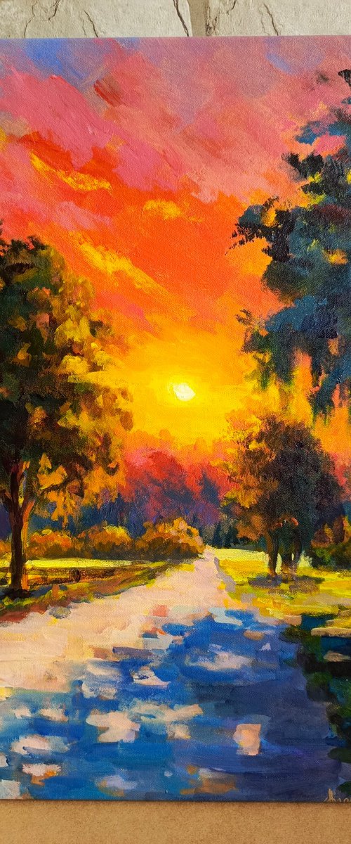 Sunrise landscape road trees by Anastasia Art Line