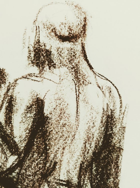 Nude. Abstract male figure. Drawing with a brown pencil on paper