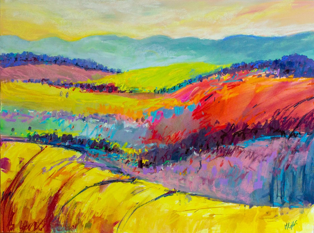 Impressionistic Landscape Acrylic Painting By Michelle Gibbs, 32 X 24", Our Little Place Over The Hills, Original Artwork