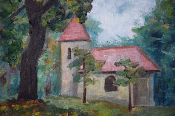 Oil painting Church in early autumn