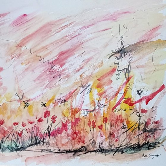 Fleurs rouges en fête - Watercolour