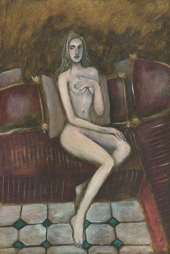 Female Nude On Burgundy Sofa