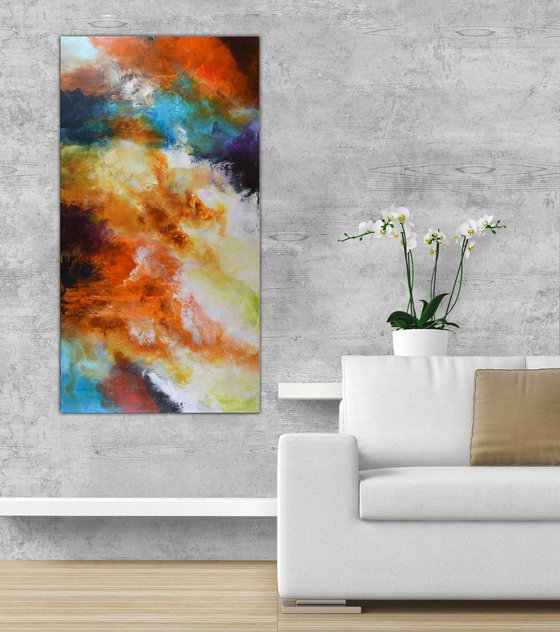 Abstract Original painting, red, blue and orange - Restless Earth