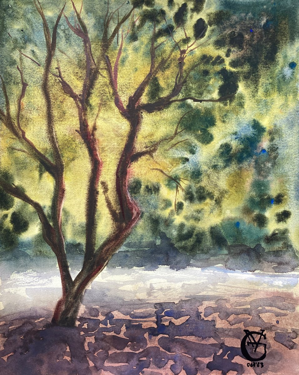 Impressionistic Landscape Watercolour By Valeria Golovenkina, 14 X 18", Autumn Tree, Original Artwork