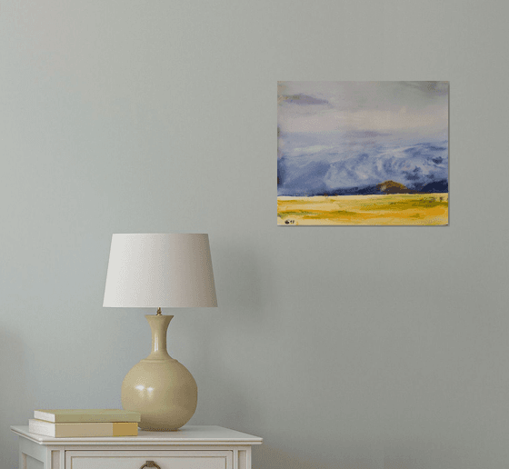 Segovia fields 2. Spain. Original watercolor. SMALL WARM BLOOM INTERIOR DECOR nature sky moody blue yellow