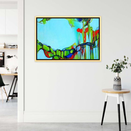 Large Blue Abstract Painting on Canvas 3D with Texture. Bright Colors, Light Blue, Green, White, Red, Turquoise, Teal, Bold Modern Art with Brush Strokes